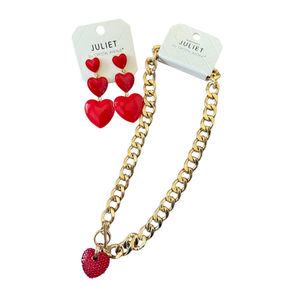 Juliet Gold Necklace and Red Heart Earrings Set great for Valentines Day